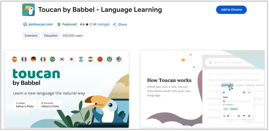 Toucan By Babbel - Top 2025 Chrome Extensions to Learn Vocabulary Fast