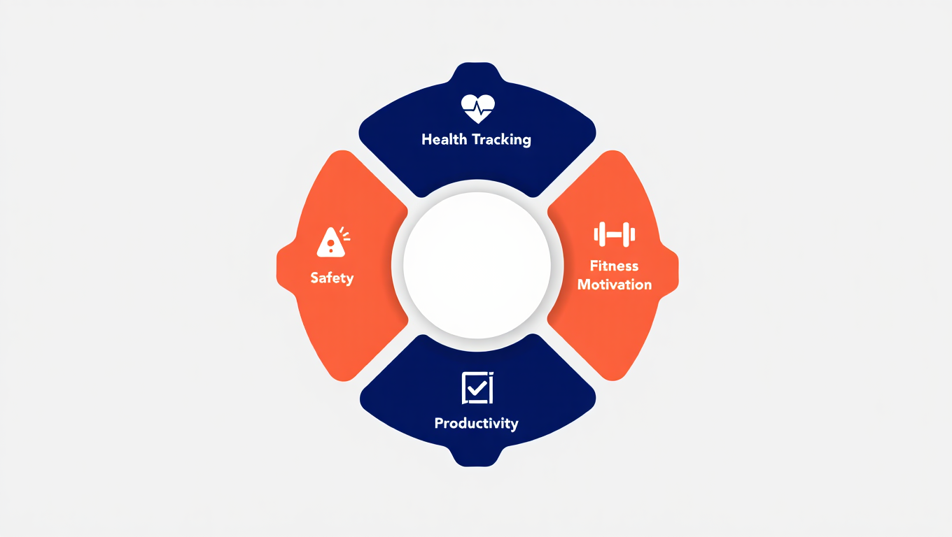Infographic showing key benefits of wearable technology: health, fitness, productivity, safety.