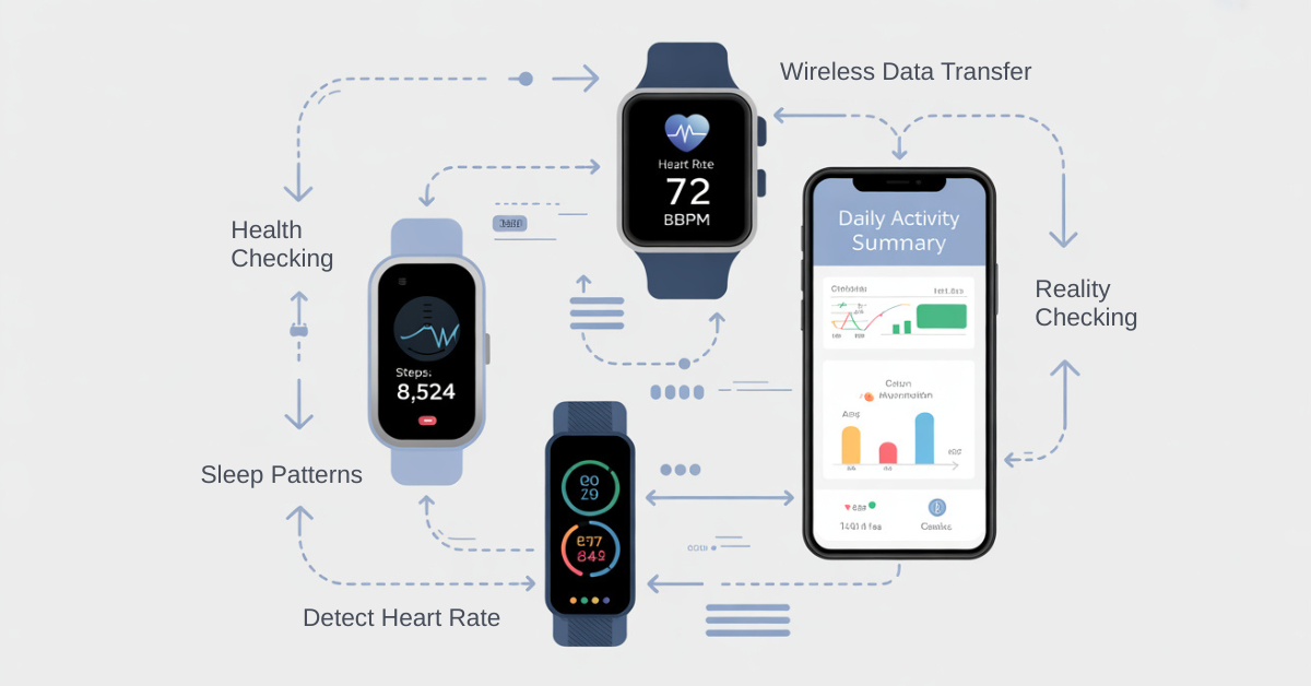 Diagram of wearable technology connecting sensors to smartphone via Bluetooth.
