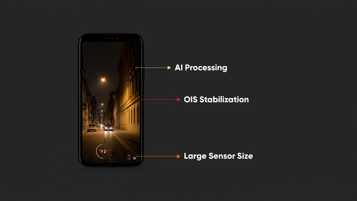 Smartphone capturing low-light cityscape using night mode