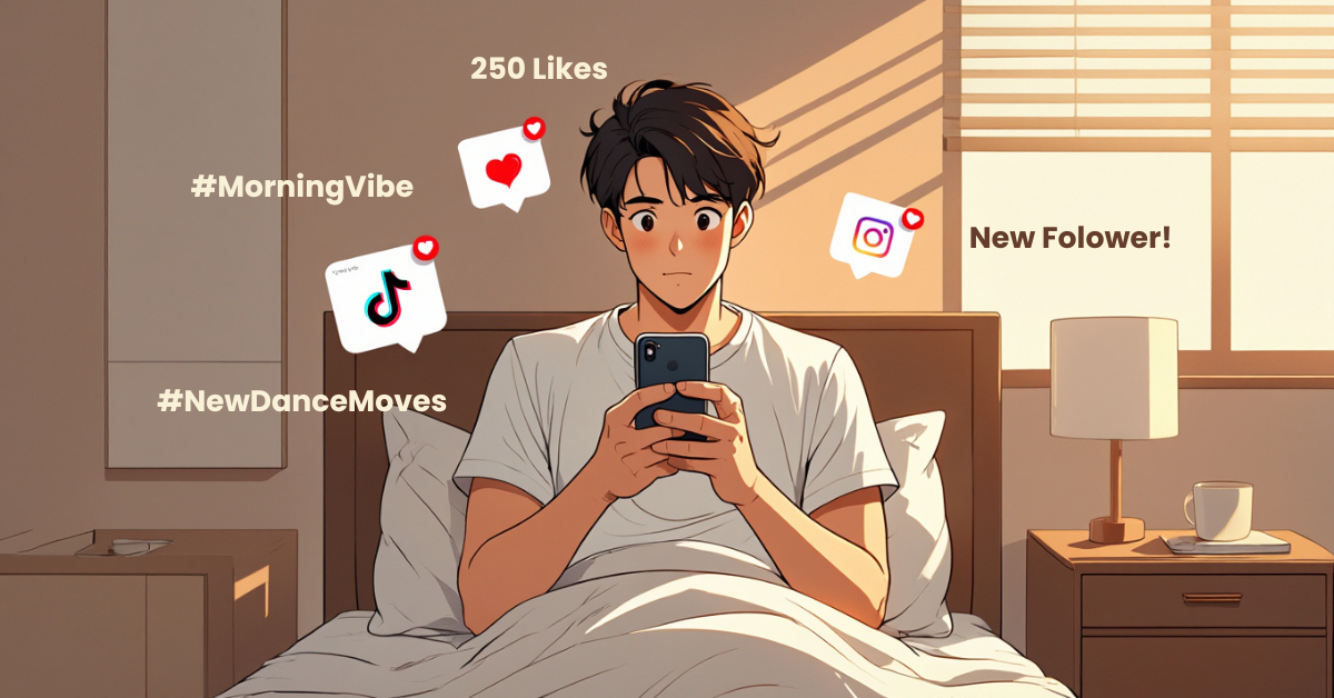 Young adult checking social media notifications in the morning sunlight, illustrating digital habits.