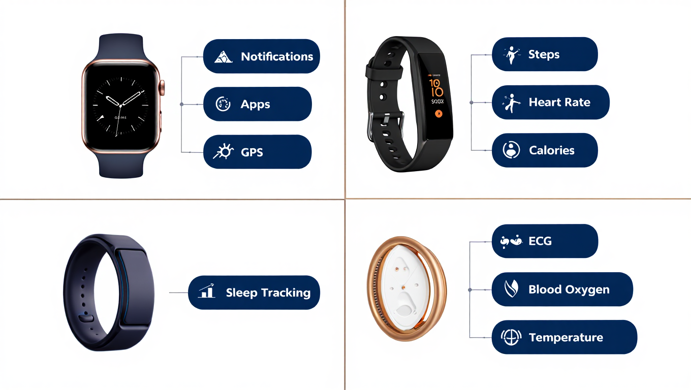 Comparison infographic of different wearable devices with features and examples.