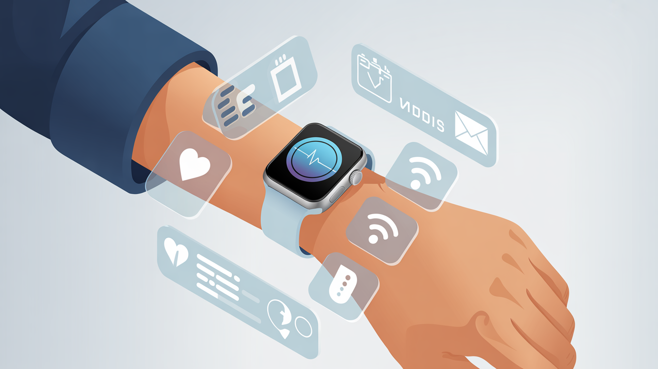 Beginner exploring wearable technology with smartwatch and connected icons.