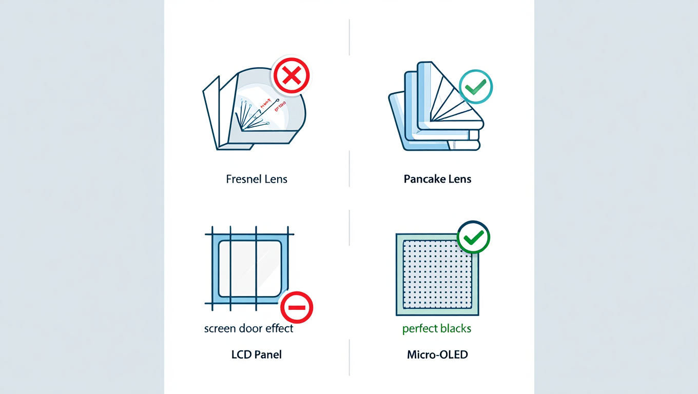 Infographic comparing outdated and modern VR lenses and displays.